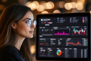 Poster - A woman with glasses intensely analyzes stock market data on a computer screen, showcasing concentration and the modern work environment.