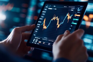Poster - A person holding a digital tablet intensely analyzes realistic stock charts, emphasizing the importance of technology and decision-making in finance.