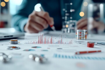 Poster - A focused close-up shot displaying a printed document featuring a red graph with fluctuating data bars, representing financial statistics and analysis on a desk.