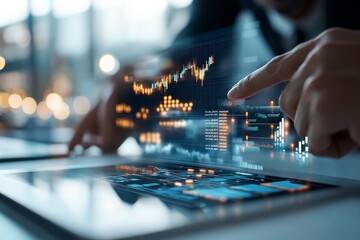 Poster - Futuristic digital interface displaying complex stock market data with luminous graphs and charts, representing advanced technology and real-time global financial insights.