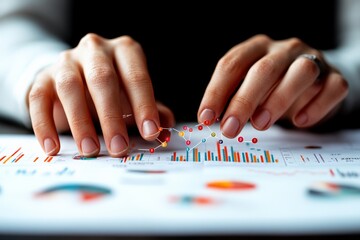 Poster - A pair of hands actively interact with graphs and charts on paper, analyzing financial data with precision, illustrating a focus on analytics and growth.