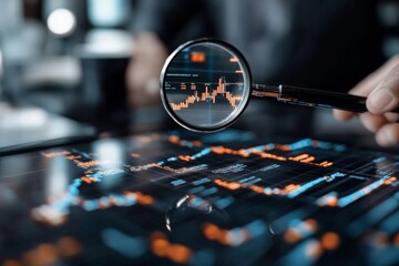 Poster - A user holding a magnifying glass over a digital chart with highlighted stock market trends, symbolizing close analysis, study, and strategic financial decision making.