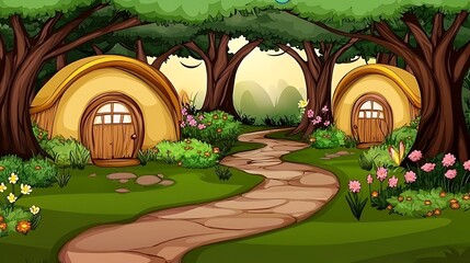 Wall Mural - Winding Path Leading to Two Fairy Tale Cottages in a Lush Forest.