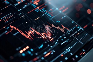Poster - A close-up view of a digital interface featuring stock market graphs with red and blue data points, representing financial analysis and market trends.