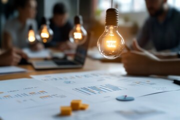 Poster - A glowing light bulb hangs over papers covered in graphs, denoting ideas, innovation, and inspiration amid the backdrop of critical analysis and planning.