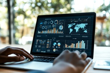 Poster - A person views various analytics on a laptop screen, engaging with global data and statistics, representing analytical thinking and digital information era.