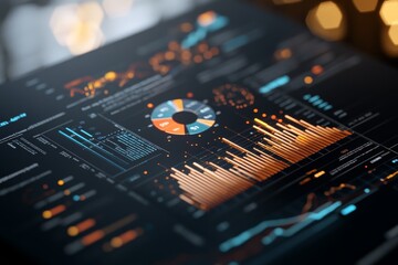 Poster - A vibrant, detailed close-up image of digital charts and data visualizations on a screen, showcasing a rich array of financial graphs and information technology.