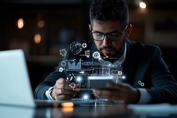 Poster - A professional businessman in a suit uses a smartphone to analyze financial data, surrounded by digital infographics, representing modern business practices.