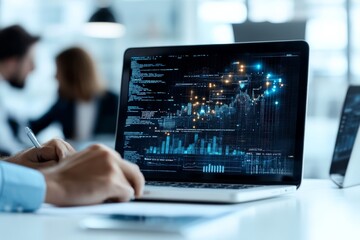 Poster - A person working on a laptop featuring an advanced data analytics interface with glowing graphs and charts, depicting real-time financial analytics and forecasting.