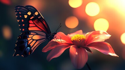 Sticker - Butterfly Landing on a Pink Flower at Sunset