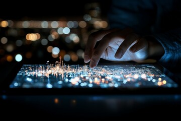 Poster - A hand interacts with a digital map on a touchscreen, symbolizing advanced navigation technology and data visualization, surrounded by cityscape virtual effect.