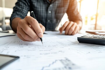 Poster - A person writes intently on a piece of paper surrounded by financial charts and documents, exuding an atmosphere of analysis and meticulous planning in an office.