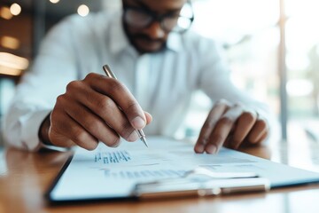 Poster - A man in a crisp white shirt carefully assesses a document with concentrated focus at a desk, exuding diligence and expertise in a professional environment.