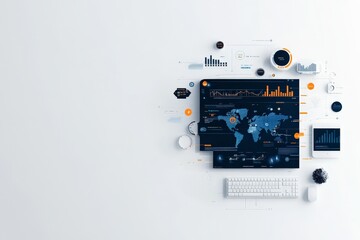 Poster - This digital workspace features data visualizations on a monitor, accompanied by technological tools like a keyboard and mouse, representing innovation and creativity.