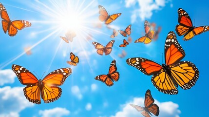 Poster - Monarch Butterflies Migrating Across a Blue Sky