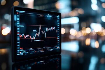 Poster - A tablet showcases detailed financial graphs and data analytics against the bokeh-dotted lights of a contemporary office, reflecting modern tech-driven finance.