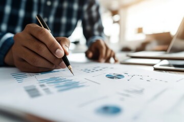 Poster - A close-up shot of a businessperson's hand with a pen, analyzing various data charts and graphs, illustrating meticulous attention to detail and analytical thinking.