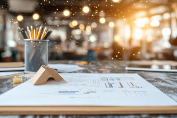 Poster - A stylish, modern workspace featuring financial charts, pencils in a holder, and bokeh lights, denoting a dynamic environment of creativity and productivity.