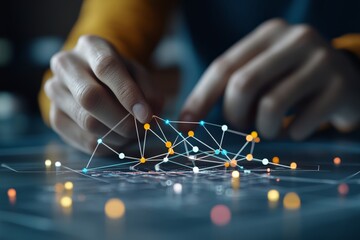 Poster - Hands delicately place points on a virtual grid, connected by glowing lines, representing intricate connections, innovation, and collaborative digital design.