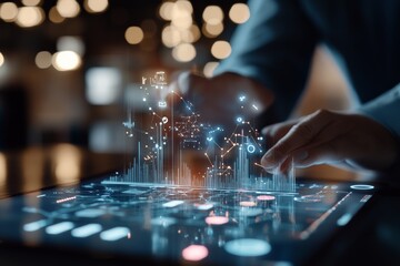Poster - Hands interact with a device displaying holographic data and digital visuals, emphasizing the interplay of technology, data analysis, and futuristic design.