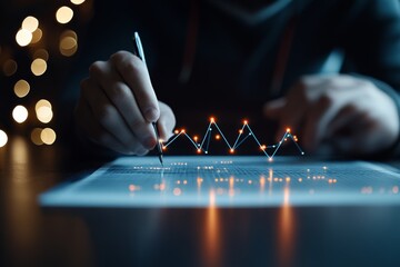 Poster - A close-up of a hand writing on paper with a pen while futuristic glowing graphs and lines hover in mid-air, symbolizing the fusion of technology and creativity.