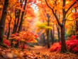 © prapatsorn - Stunning Tilt-Shift Photography of Rich Autumn Gradient Blending Orange and Red Leaves in a Serene Forest Landscape, Capturing Nature's Beauty in Miniature Scale