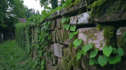 Poster - Ivy and Moss-Covered Ancient Stone Wall