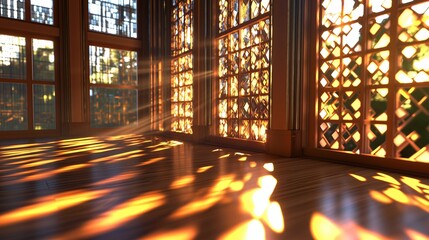 Poster - Golden Hour Shadows Cast by Geometric Window Pattern