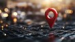 © Thanyaporn - Red map pointer on grid background, cityscape blur with 3D effect.