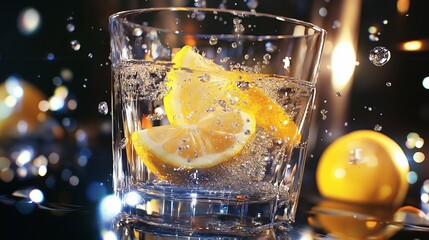 Poster - Glass of Sparkling Water with Lemon Slices and Bubbles