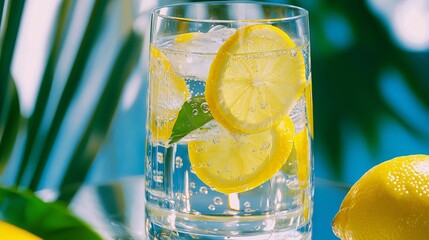 Poster - Glass of Sparkling Water with Lemon Slices and Bubbles