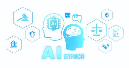 Poster - ai ethics illustration with icons of law, brain, and technology on a white background. concept of ai