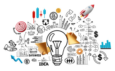 Poster - Lightbulb illustration with business icons, arrows, charts, and graphs on a white background. Concept of innovation, startup, and business ideas