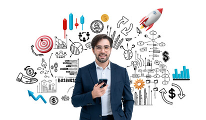 Poster - Businessman holding phone, surrounded by business and startup doodles, various icons, on a white background. Concept of business planning and success