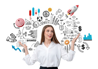 Poster - Businesswoman in white blouse gesturing with hands, surrounded by conceptual business and success icons on a white background, representing innovation and strategy.