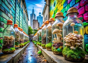 Naklejka na meble Urban Exploration of Sustainable Mushroom Cultivation in Plastic Bottles, Showcasing Innovative Urban Farming Techniques and Eco-Friendly Practices for Urban Agriculture