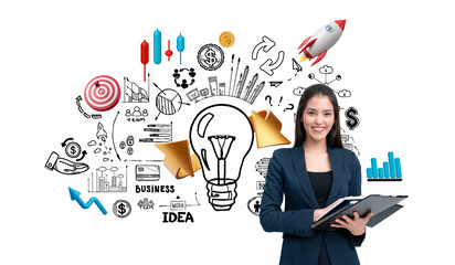 Poster - Businesswoman holding a clipboard with business doodles, lightbulb illustration, and icons on white background. Concept of idea and success