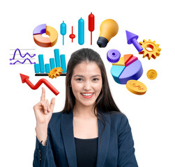 Poster - Businesswoman pointing up with colorful business and financial icons around her on a white background. Concept of business growth and data analysis