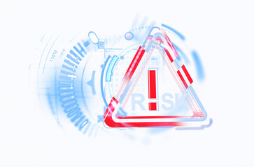 Poster - Abstract digital risk symbol with exclamation mark in red and blue colors, on a white background. Concept of caution and technological warning
