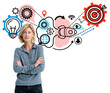 © ImageFlow - Businesswoman with crossed arms and startup concept icons including rocket launch, target, and lightbulb on white background. Concept of success
