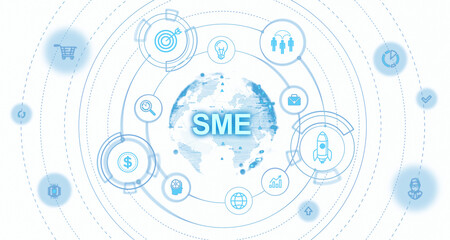 Poster - Infographic with SME text, icons for business elements around a globe. Blue on white background. Concept for small and medium enterprises