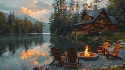 Poster - A log cabin by the lake with chairs around it and an outdoor fire pit. a beautiful lake house in the springtime, with a view of the lake, an aesthetic summer cottage.