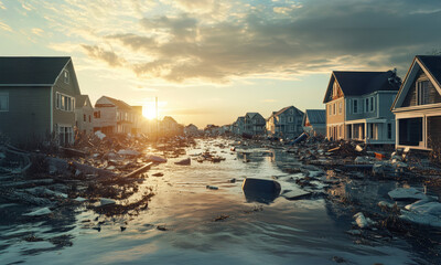 A coastal community rebuilding after being devastated by a storm surge or hurricane, depicting the resilience efforts needed to adapt to climate change impacts. Climate change