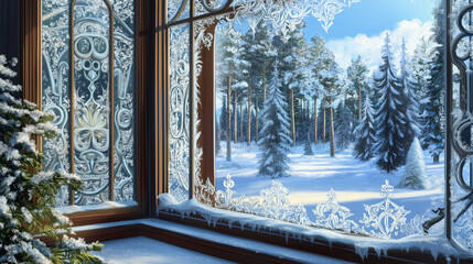 Poster - Frosted Window with a Snowy Landscape Beyond