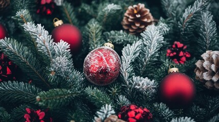 Poster - Christmas and New Year background. Fir branches with red balls and cones - Generated AI