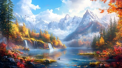 Wall Mural - Serene Autumn Mountain Lake with Waterfalls.