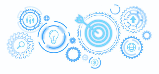Poster - Abstract blue icons within gears, symbolizing business concepts such as innovation, goals, and teamwork, on a clean white background. Business concept