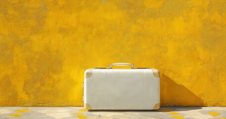 White Suitcase Against Bright Yellow Wall Background