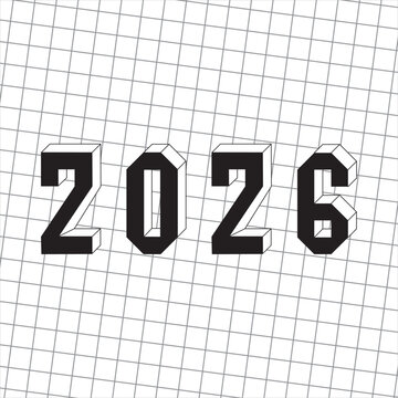 Number symbols 2026, 3d black white isolated elements with black nmbers on checked white background for banners in outline style, vector illustration