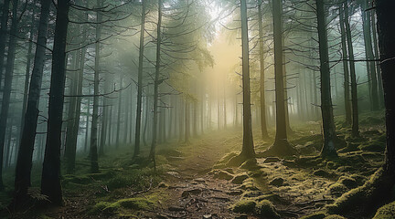 Poster - Mist in forest, Beautiful forest landscape.